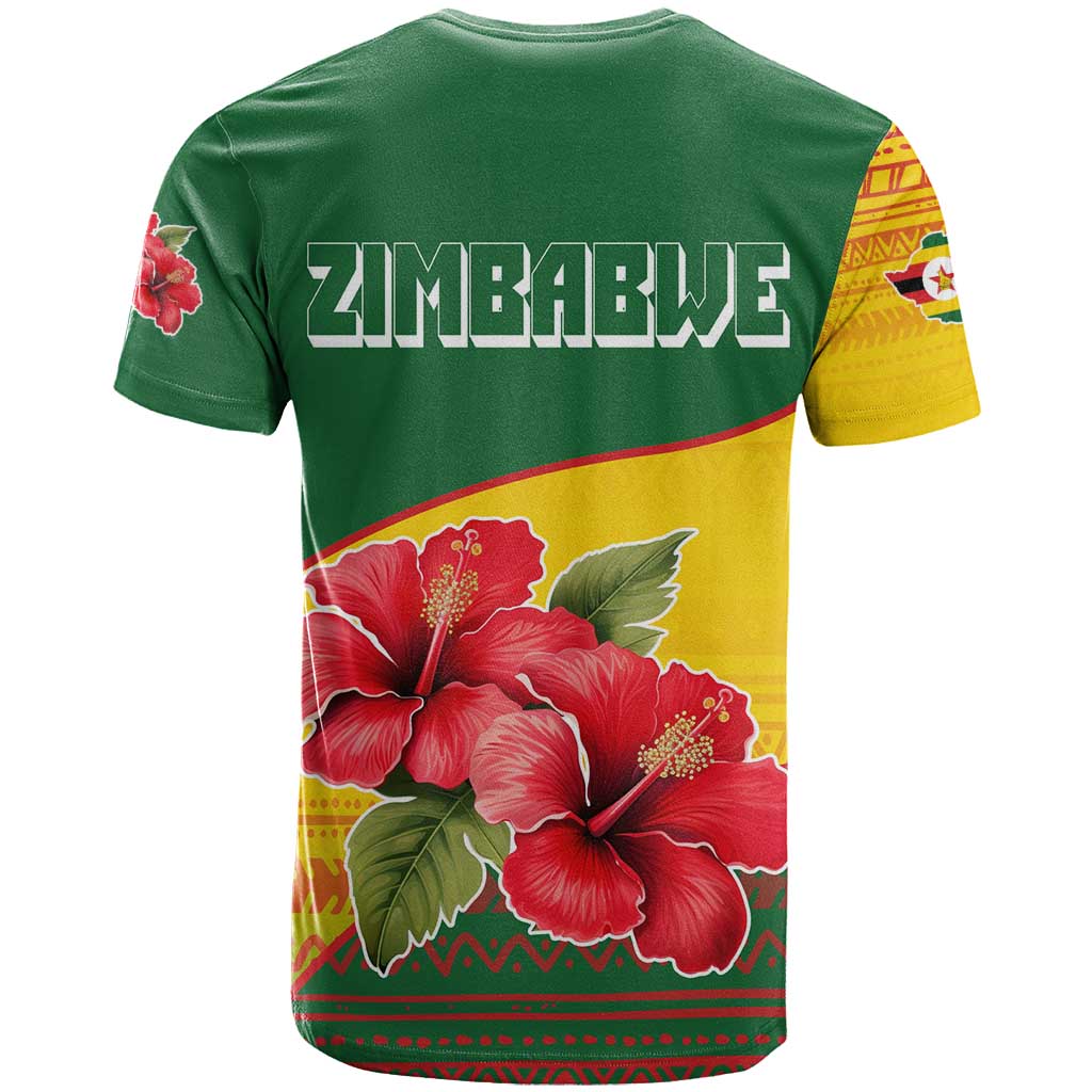 Zimbabwe Flag Map T shirt African Tribal Pattern Red Hibiscus Flowers