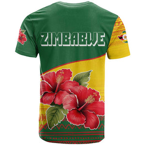Zimbabwe Flag Map T shirt African Tribal Pattern Red Hibiscus Flowers