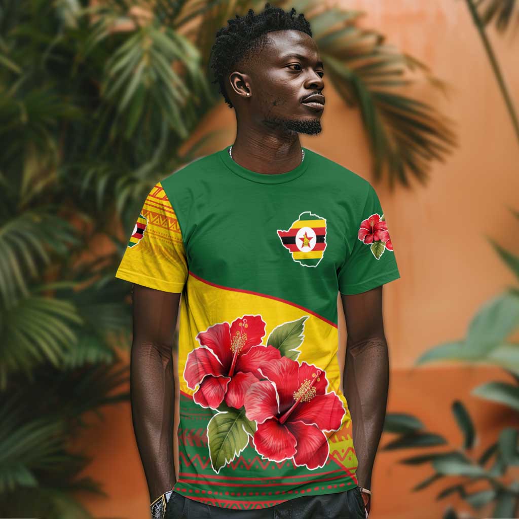 Zimbabwe Flag Map T shirt African Tribal Pattern Red Hibiscus Flowers