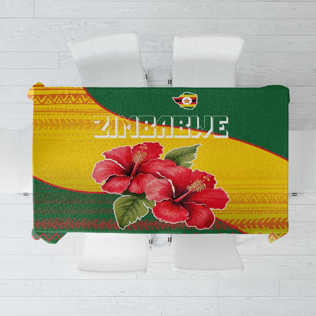 Zimbabwe Flag Map Tablecloth African Tribal Pattern Red Hibiscus Flowers