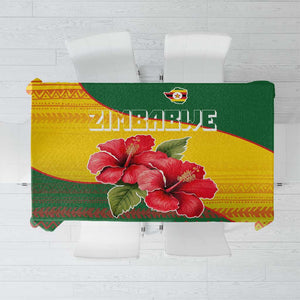 Zimbabwe Flag Map Tablecloth African Tribal Pattern Red Hibiscus Flowers