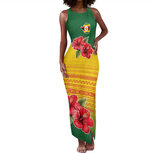 Zimbabwe Flag Map Tank Maxi Dress African Tribal Pattern Red Hibiscus Flowers