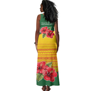 Zimbabwe Flag Map Tank Maxi Dress African Tribal Pattern Red Hibiscus Flowers