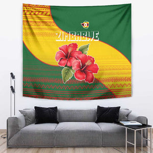 Zimbabwe Flag Map Tapestry African Tribal Pattern Red Hibiscus Flowers