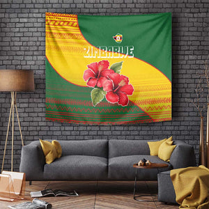 Zimbabwe Flag Map Tapestry African Tribal Pattern Red Hibiscus Flowers