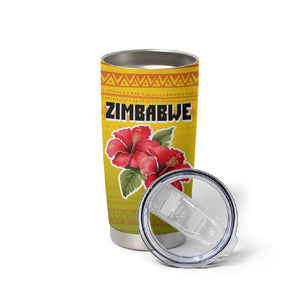 Zimbabwe Flag Map Tumbler Cup African Tribal Pattern Red Hibiscus Flowers