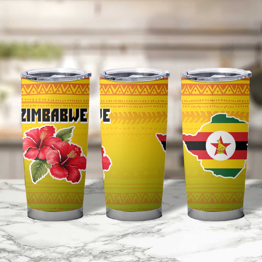 Zimbabwe Flag Map Tumbler Cup African Tribal Pattern Red Hibiscus Flowers