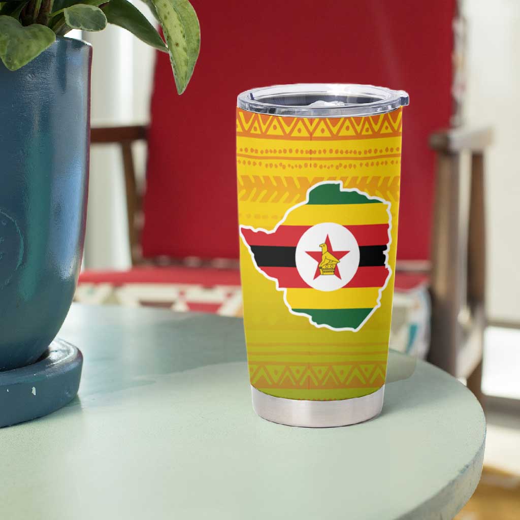 Zimbabwe Flag Map Tumbler Cup African Tribal Pattern Red Hibiscus Flowers