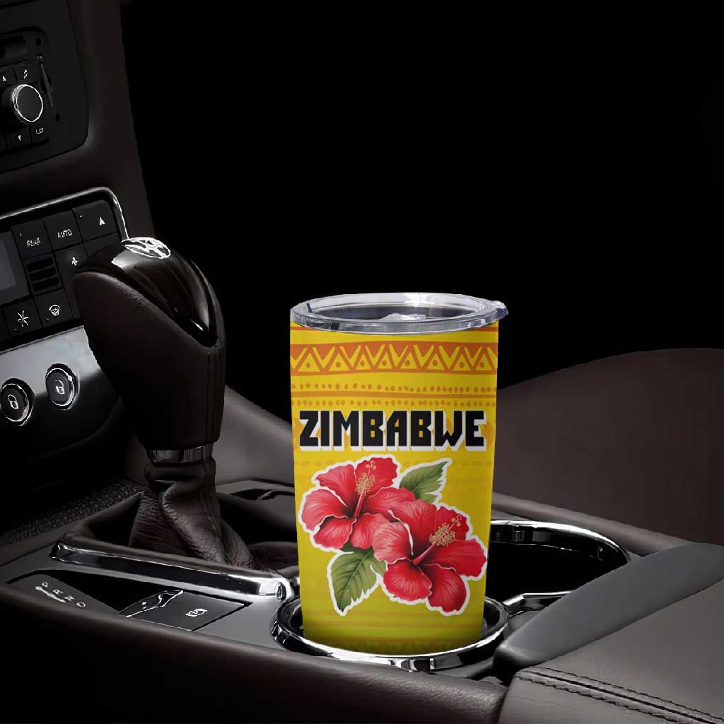 Zimbabwe Flag Map Tumbler Cup African Tribal Pattern Red Hibiscus Flowers
