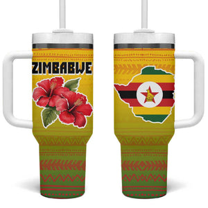Zimbabwe Flag Map Tumbler With Handle African Tribal Pattern Red Hibiscus Flowers