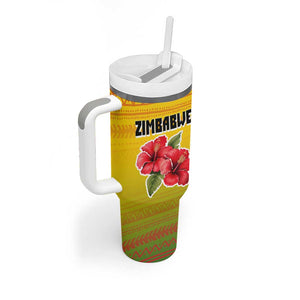 Zimbabwe Flag Map Tumbler With Handle African Tribal Pattern Red Hibiscus Flowers
