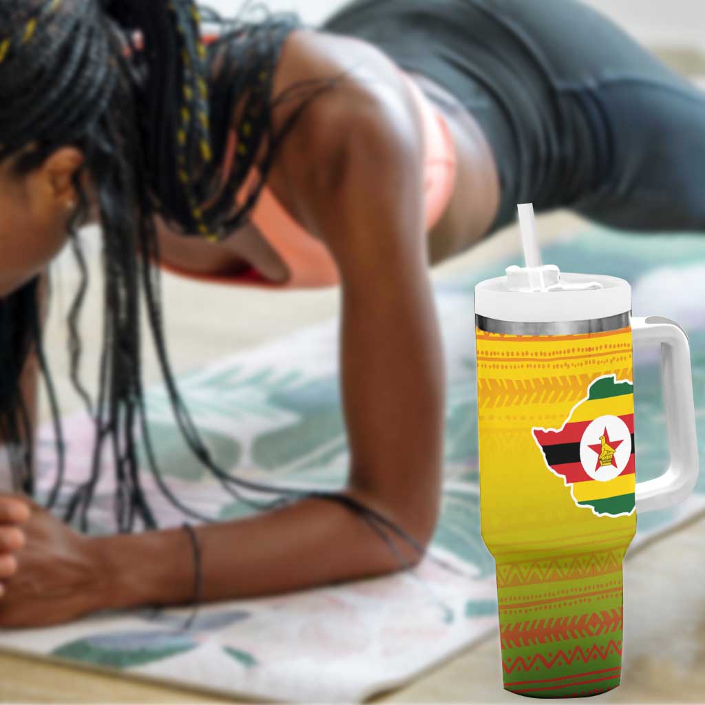 Zimbabwe Flag Map Tumbler With Handle African Tribal Pattern Red Hibiscus Flowers