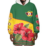 Zimbabwe Flag Map Wearable Blanket Hoodie African Tribal Pattern Red Hibiscus Flowers