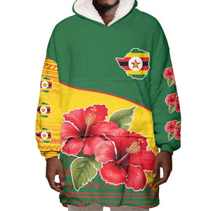 Zimbabwe Flag Map Wearable Blanket Hoodie African Tribal Pattern Red Hibiscus Flowers