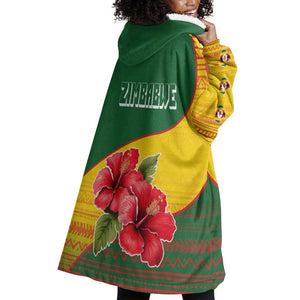 Zimbabwe Flag Map Wearable Blanket Hoodie African Tribal Pattern Red Hibiscus Flowers