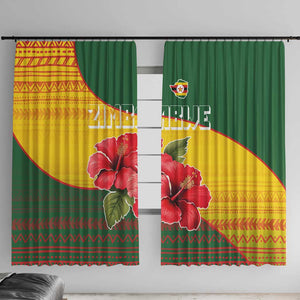 Zimbabwe Flag Map Window Curtain African Tribal Pattern Red Hibiscus Flowers