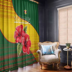 Zimbabwe Flag Map Window Curtain African Tribal Pattern Red Hibiscus Flowers