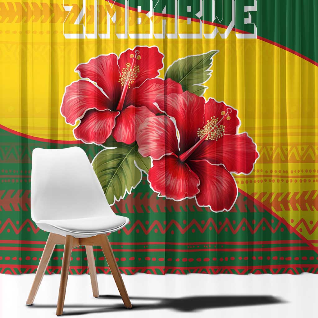 Zimbabwe Flag Map Window Curtain African Tribal Pattern Red Hibiscus Flowers