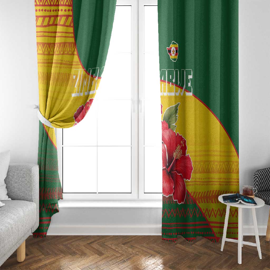 Zimbabwe Flag Map Window Curtain African Tribal Pattern Red Hibiscus Flowers