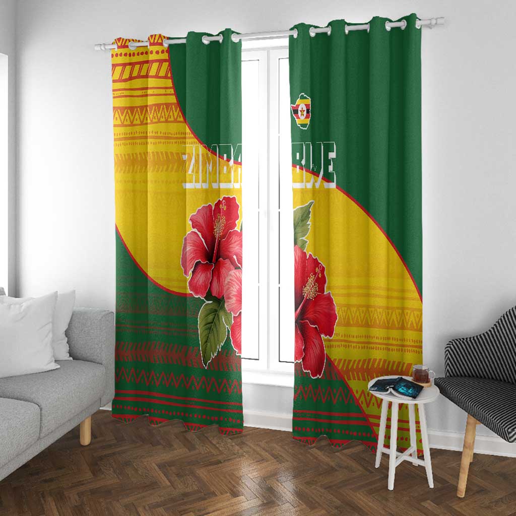 Zimbabwe Flag Map Window Curtain African Tribal Pattern Red Hibiscus Flowers