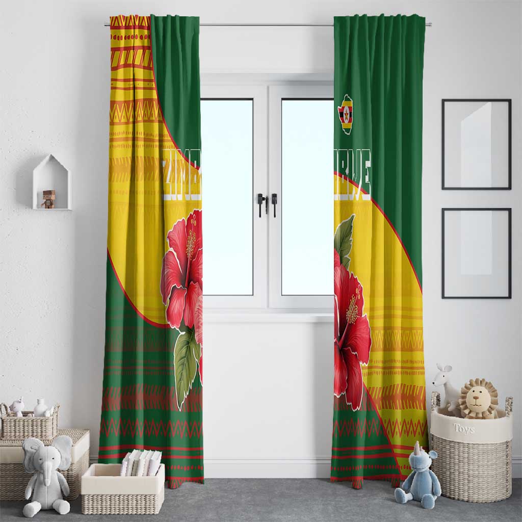 Zimbabwe Flag Map Window Curtain African Tribal Pattern Red Hibiscus Flowers