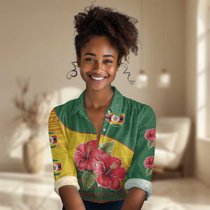 Zimbabwe Flag Map Women Casual Shirt African Tribal Pattern Red Hibiscus Flowers