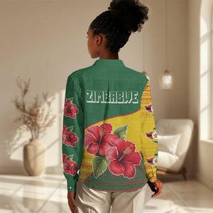 Zimbabwe Flag Map Women Casual Shirt African Tribal Pattern Red Hibiscus Flowers