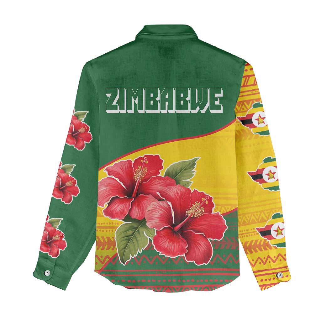 Zimbabwe Flag Map Women Casual Shirt African Tribal Pattern Red Hibiscus Flowers