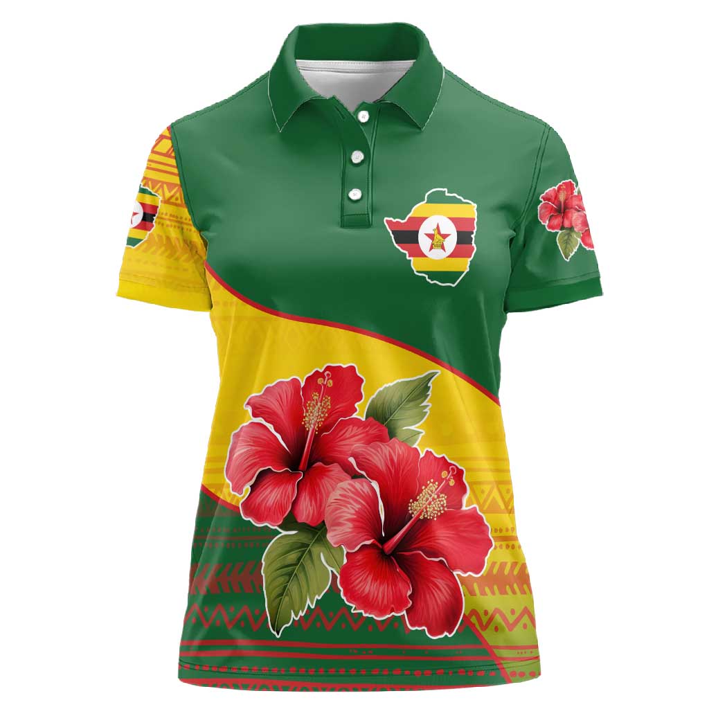 Zimbabwe Flag Map Women Polo Shirt African Tribal Pattern Red Hibiscus Flowers