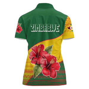 Zimbabwe Flag Map Women Polo Shirt African Tribal Pattern Red Hibiscus Flowers