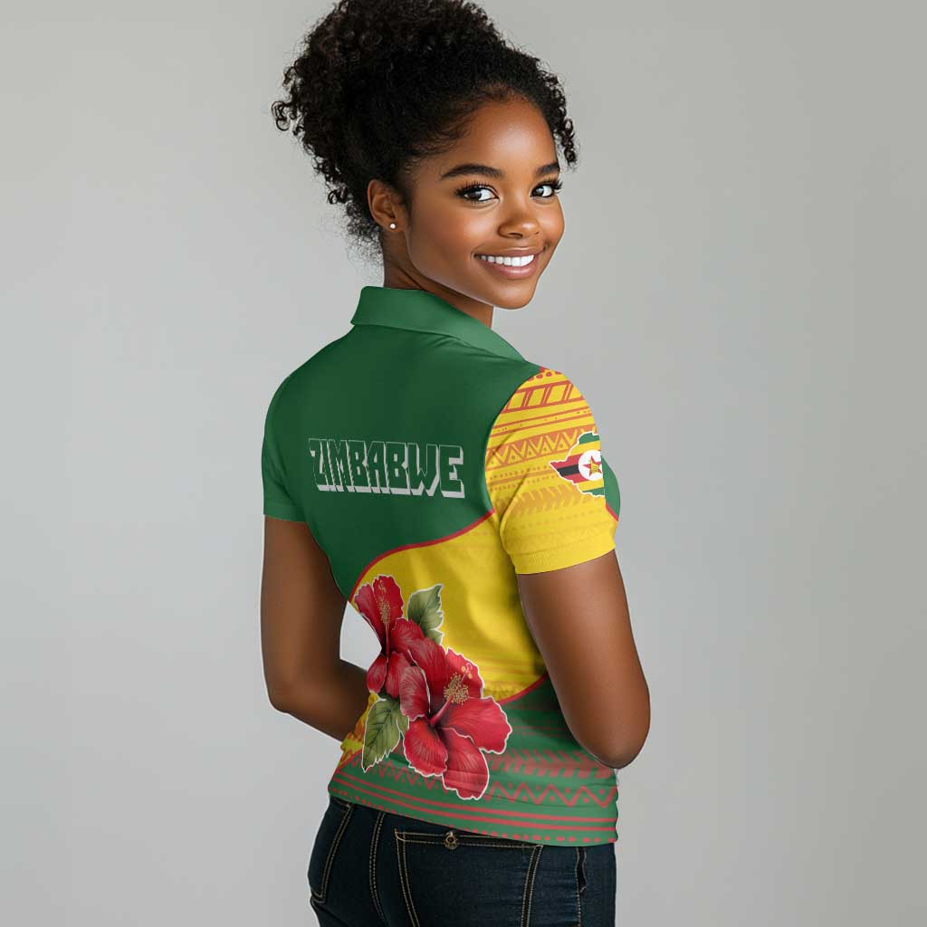 Zimbabwe Flag Map Women Polo Shirt African Tribal Pattern Red Hibiscus Flowers