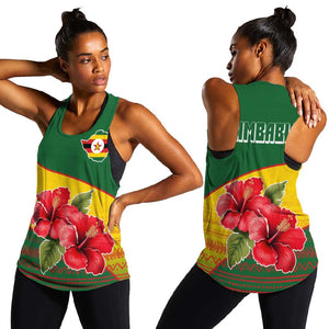 Zimbabwe Flag Map Women Racerback Tank African Tribal Pattern Red Hibiscus Flowers