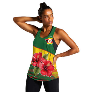 Zimbabwe Flag Map Women Racerback Tank African Tribal Pattern Red Hibiscus Flowers