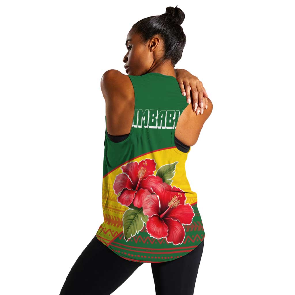 Zimbabwe Flag Map Women Racerback Tank African Tribal Pattern Red Hibiscus Flowers