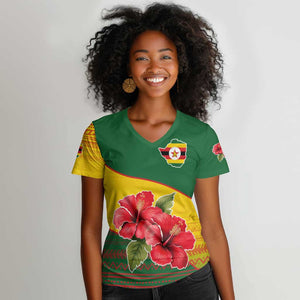 Zimbabwe Flag Map Women V-Neck T-Shirt African Tribal Pattern Red Hibiscus Flowers