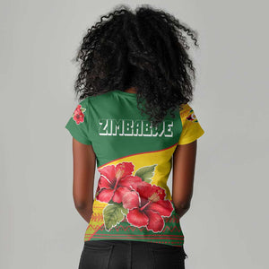 Zimbabwe Flag Map Women V-Neck T-Shirt African Tribal Pattern Red Hibiscus Flowers