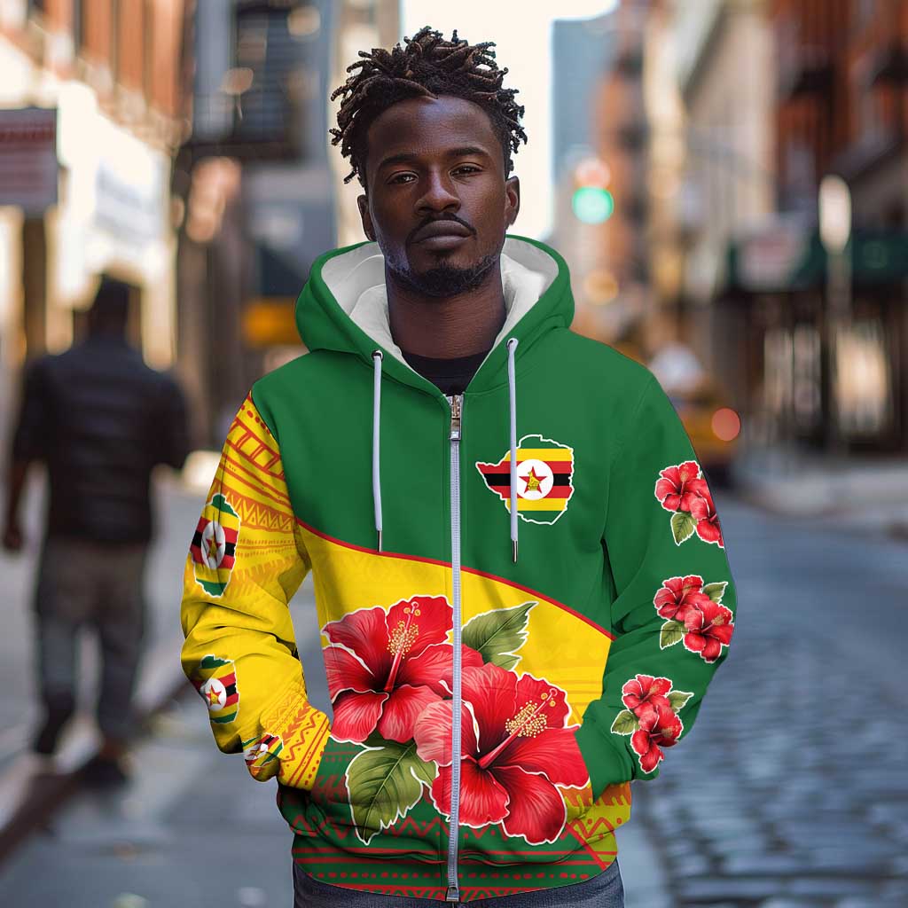 Zimbabwe Flag Map Zip Hoodie African Tribal Pattern Red Hibiscus Flowers
