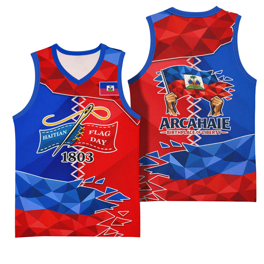 Haiti Flag Day Arcahaie 1803 Basketball Jersey Geometric Low Poly Flag Art - Birthplace Of Liberty Graphic