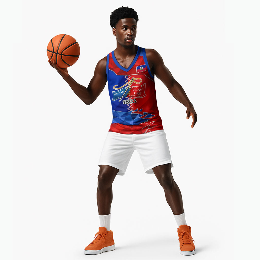 Haiti Flag Day Arcahaie 1803 Basketball Jersey Geometric Low Poly Flag Art - Birthplace Of Liberty Graphic