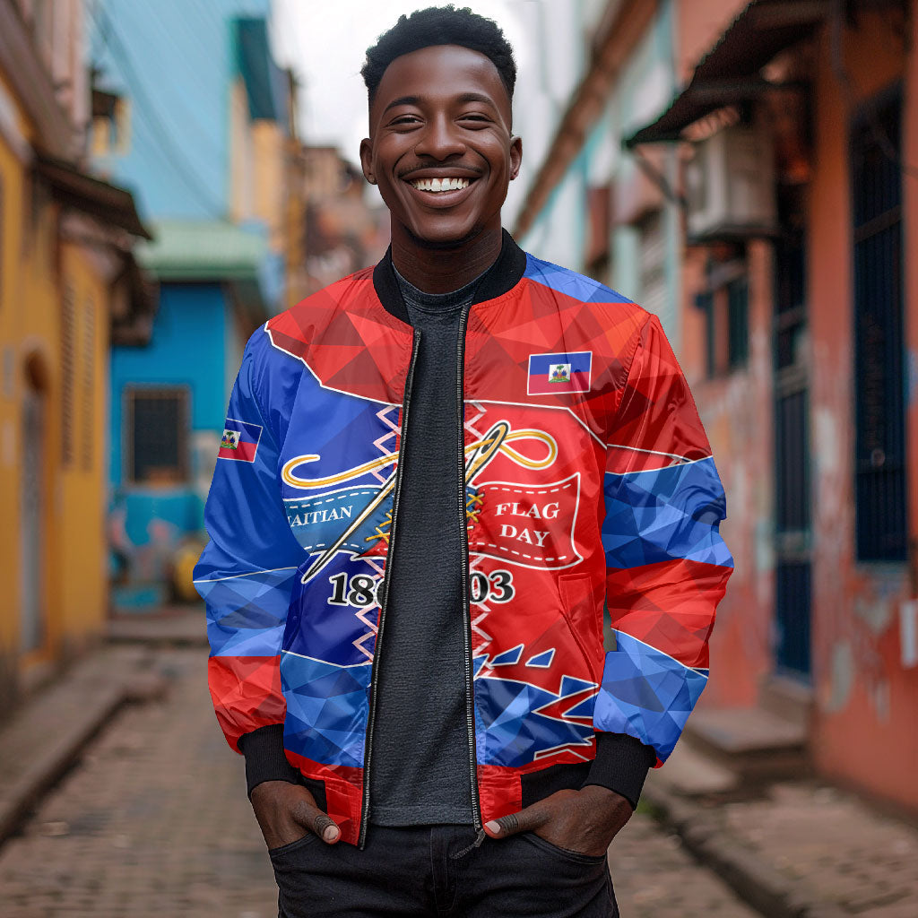 Haiti Flag Day Arcahaie 1803 Bomber Jacket Geometric Low Poly Flag Art - Birthplace Of Liberty Graphic
