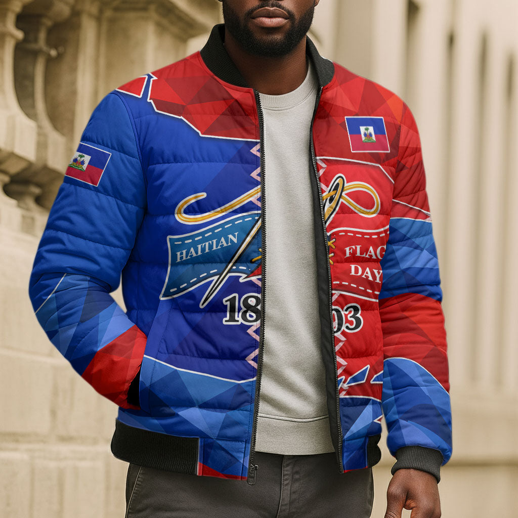Haiti Flag Day Arcahaie 1803 Bomber Puffer Jacket Geometric Low Poly Flag Art - Birthplace Of Liberty Graphic