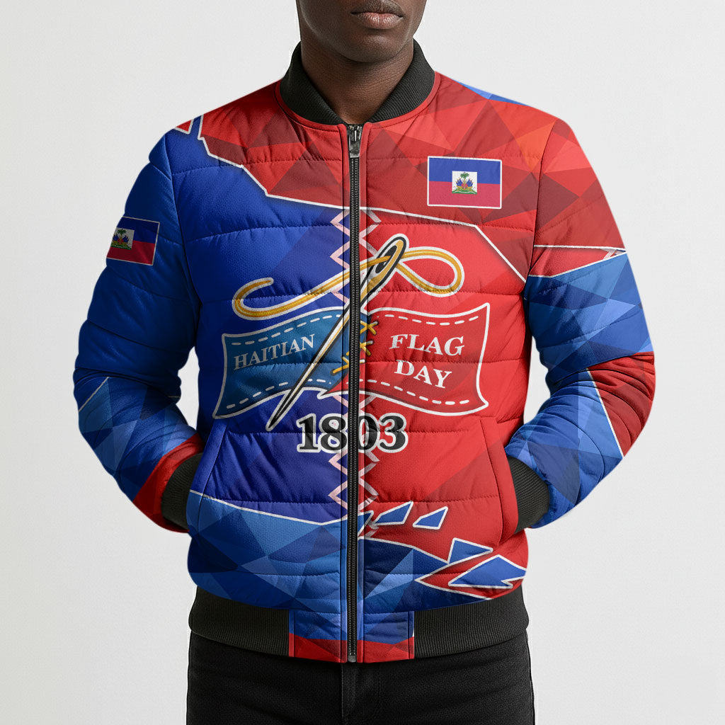 Haiti Flag Day Arcahaie 1803 Bomber Puffer Jacket Geometric Low Poly Flag Art - Birthplace Of Liberty Graphic