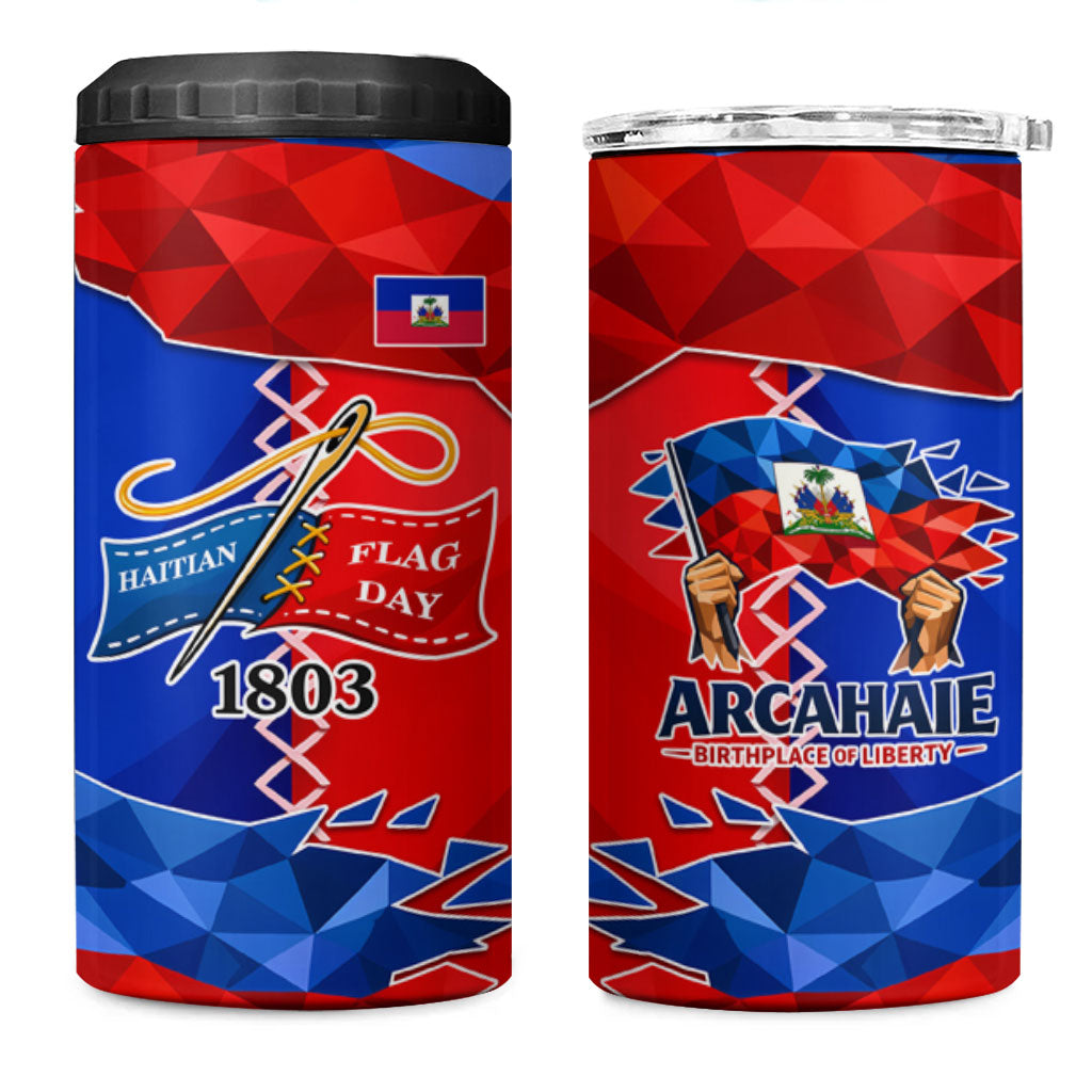 Haiti Flag Day Arcahaie 1803 4 in 1 Can Cooler Tumbler Geometric Low Poly Flag Art - Birthplace Of Liberty Graphic