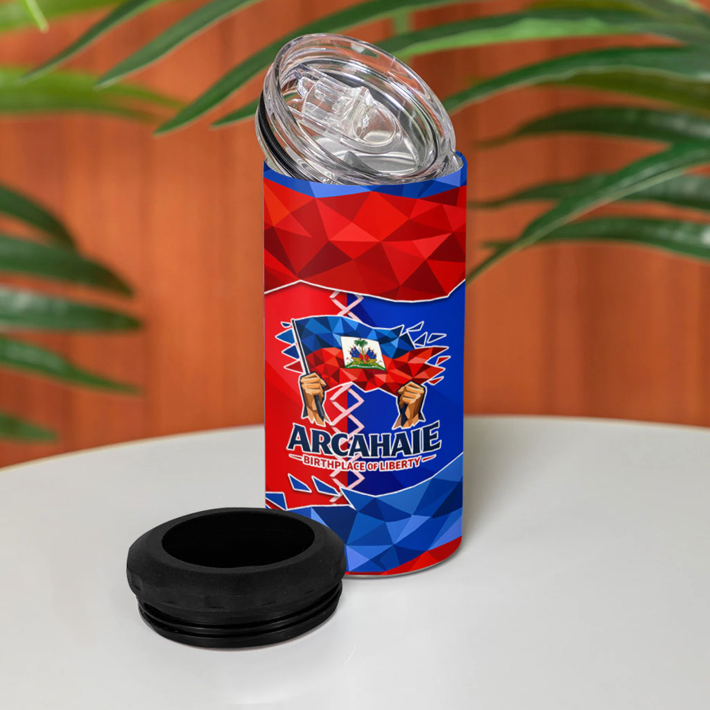 Haiti Flag Day Arcahaie 1803 4 in 1 Can Cooler Tumbler Geometric Low Poly Flag Art - Birthplace Of Liberty Graphic