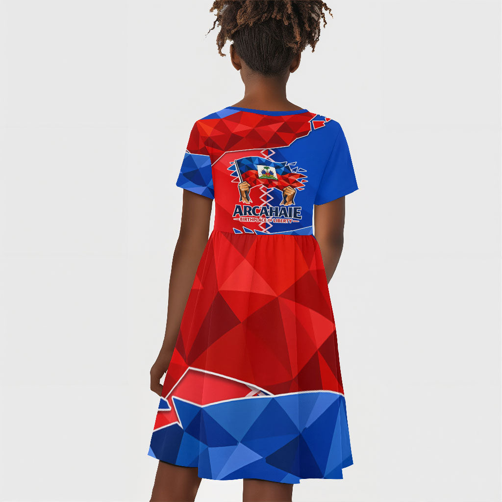 Haiti Flag Day Arcahaie 1803 Kid Short Sleeve Dress Geometric Low Poly Flag Art - Birthplace Of Liberty Graphic