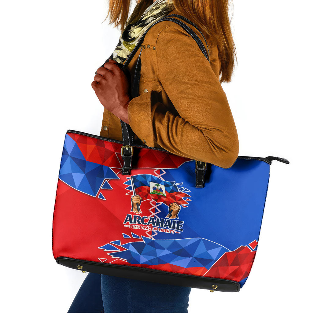 Haiti Flag Day Arcahaie 1803 Leather Tote Bag Geometric Low Poly Flag Art - Birthplace Of Liberty Graphic