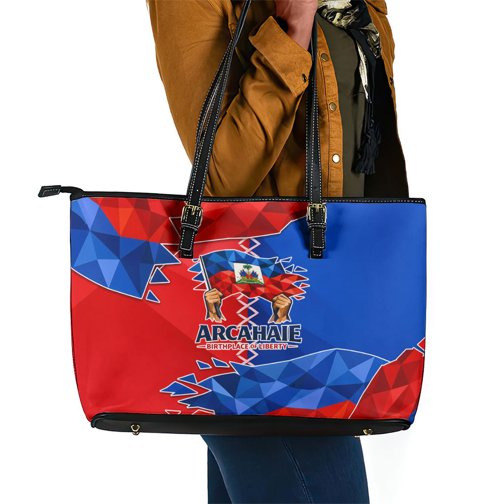 Haiti Flag Day Arcahaie 1803 Leather Tote Bag Geometric Low Poly Flag Art - Birthplace Of Liberty Graphic