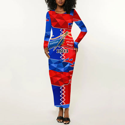 Haiti Flag Day Arcahaie 1803 Long Sleeve Bodycon Dress Geometric Low Poly Flag Art - Birthplace Of Liberty Graphic
