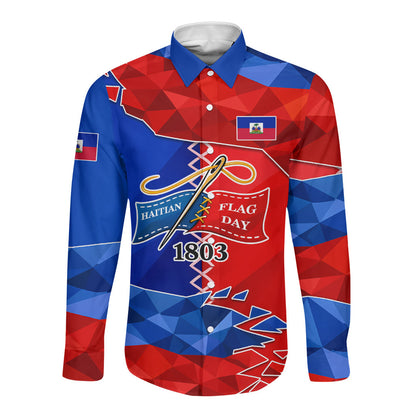 Haiti Flag Day Arcahaie 1803 Long Sleeve Button Shirt Geometric Low Poly Flag Art - Birthplace Of Liberty Graphic
