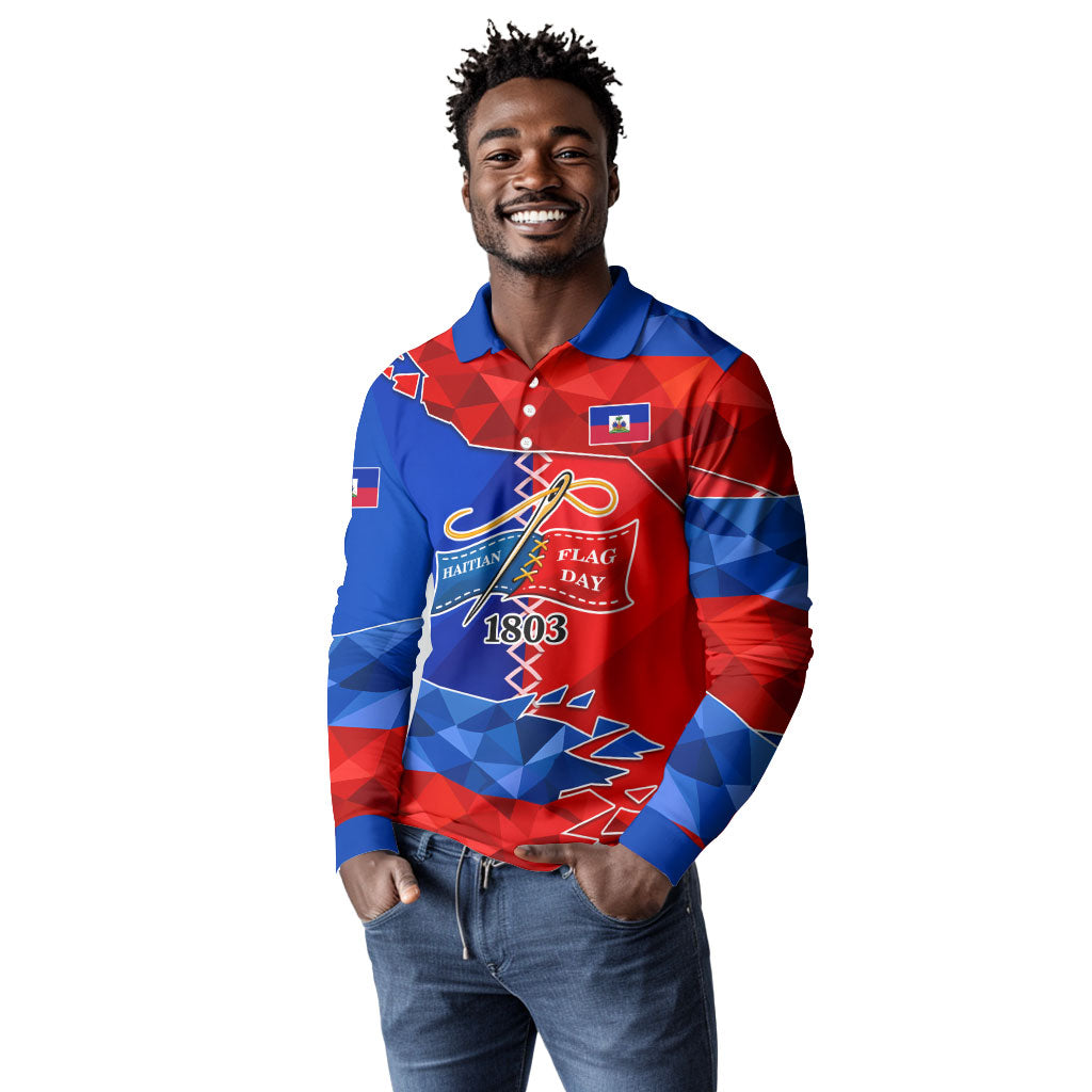 Haiti Flag Day Arcahaie 1803 Long Sleeve Polo Shirt Geometric Low Poly Flag Art - Birthplace Of Liberty Graphic